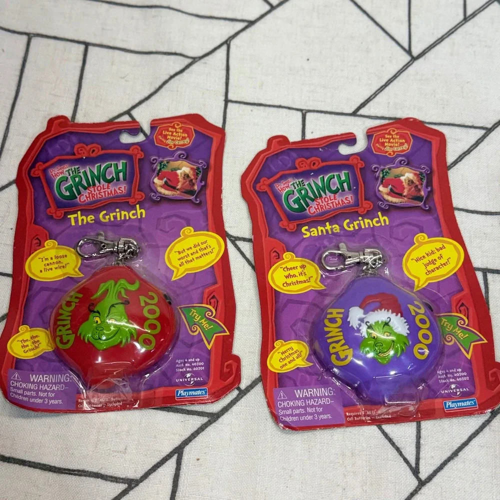 Playmates The Grinch Talking Keychain Lot OS Red Purple Vintage 2000 Movie 2pc